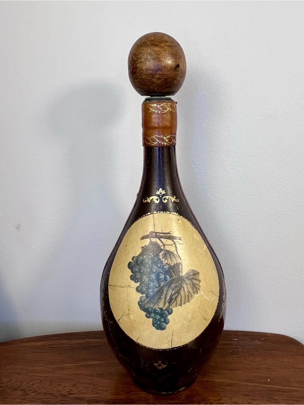 Florence‎ Italy Fausto Corduri Leather Wrapped Decanter Bottle Grapes Vintage